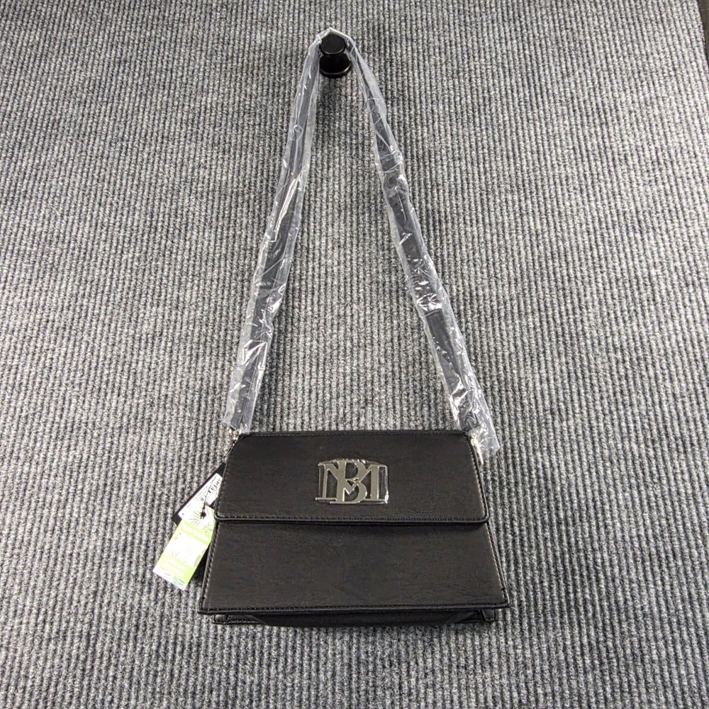 Badgley Mischka Black Vegan Leather Crossbody Bag with Big BM Logo BM-4042 NEW